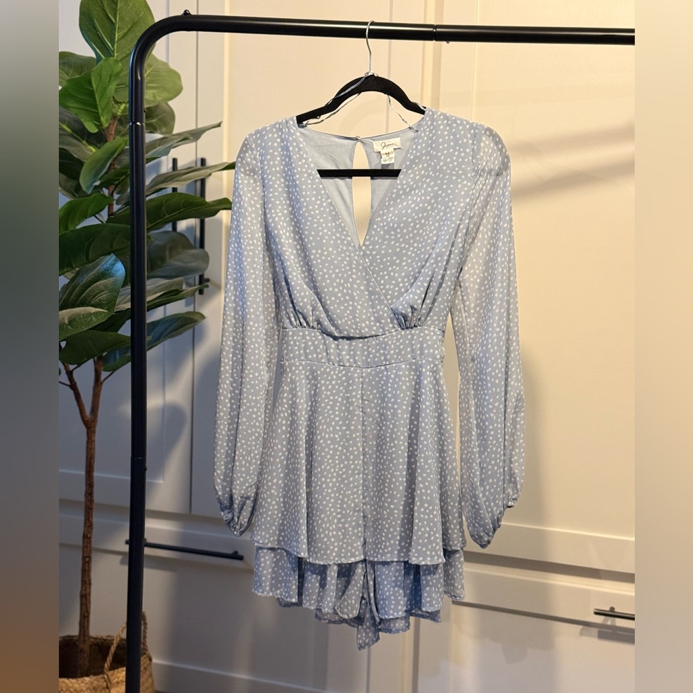 Japna Size M Blue Polka Dot Long-Sleeve Tie Back Romper